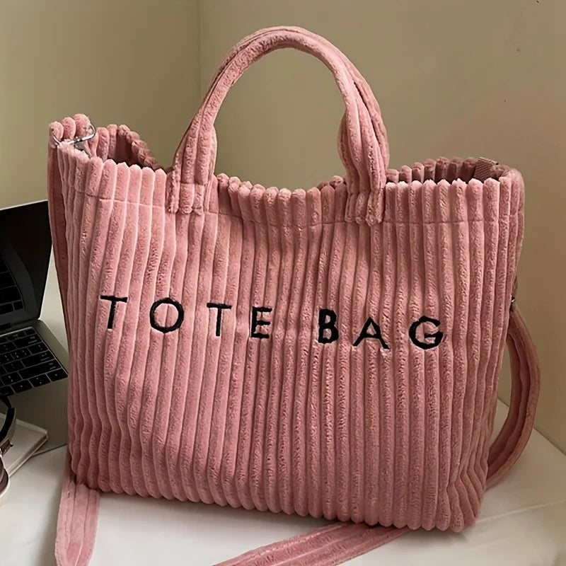 Sac à main en velours rayé grande capacité pour femme, sac à bandoulière, sacs à main, sacs bandoulière, sac fourre-tout polyvalent en velours côtelé avec lettres pour femme