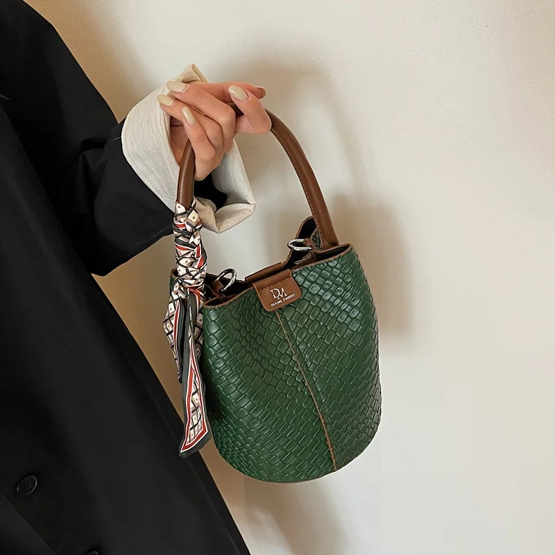 Sac seau à la mode pour femmes, sac à main élégant effet tissé de couleur unie, sac à bandoulière et sac à bandoulière, peut être porté à la main