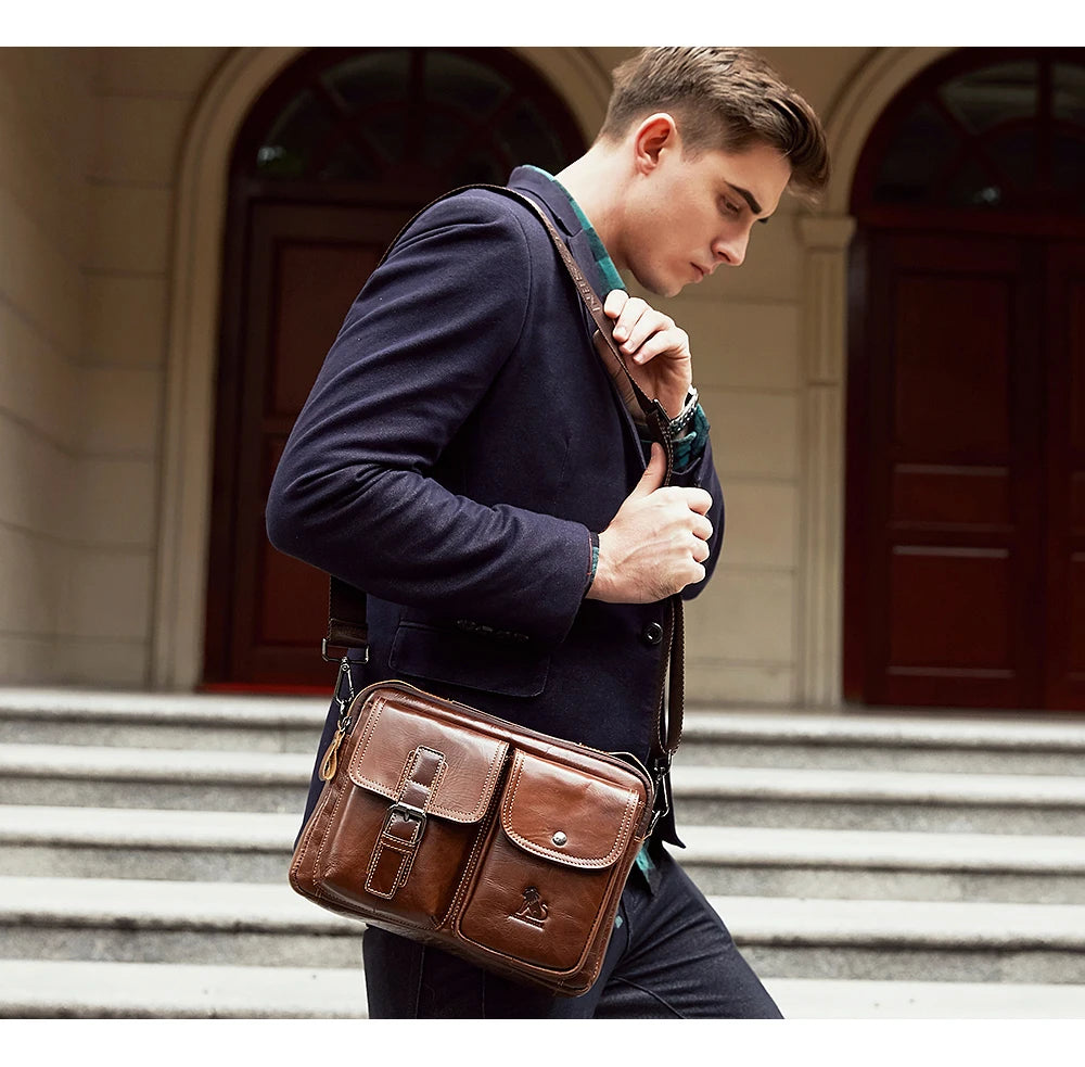 Sac à bandoulière en cuir véritable pour hommes, sac à bandoulière décontracté rétro en peau de vache avec couche supérieure, sac carré à bandoulière pour hommes