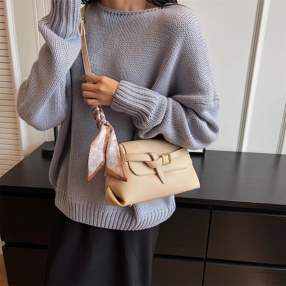 sac a main femme luxe sac de luxe femme haute qualité nouveautés sacs à main MOODS-Sac à bandoulière en cuir PU souple pour femme, motif litchi, ceinture rétro, sac à rabat avec écharpe décorative