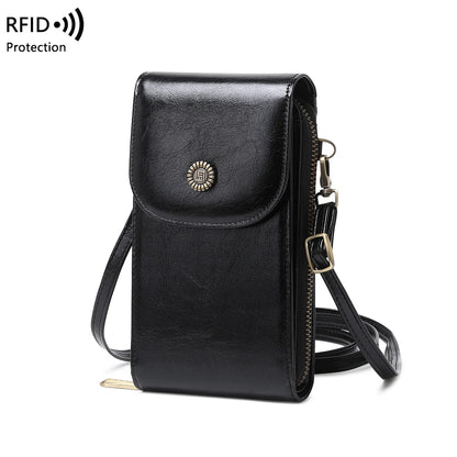 Sac rétro en cuir pour téléphone portable, anti-vol, RFID, brosse, sac à main à démarrage vertical, portefeuille à bandoulière tendance
