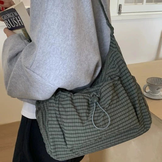 Sacs à bandoulière en Nylon coréen, fourre-tout Simple à carreaux avec fermeture éclair, sacs nuage plissés avec cordon de serrage, nouveau sac à bandoulière de banlieue