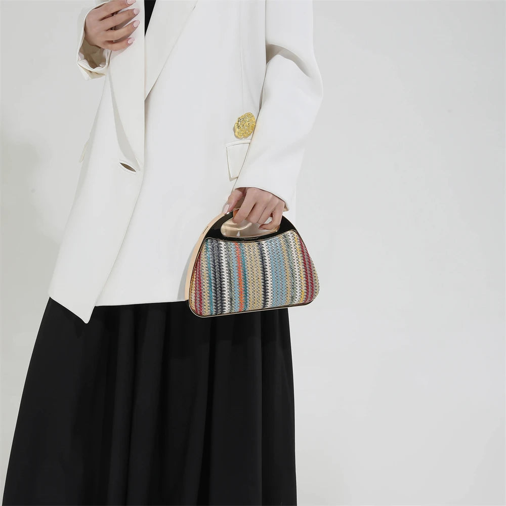 sac à main luxe pochette soirée femme MOODS – pochette de soirée en paille tricotée de couleur arc-en-ciel pour femmes, sacs à main de luxe de créateur avec chaîne dorée, pour mariage, dîner, fête