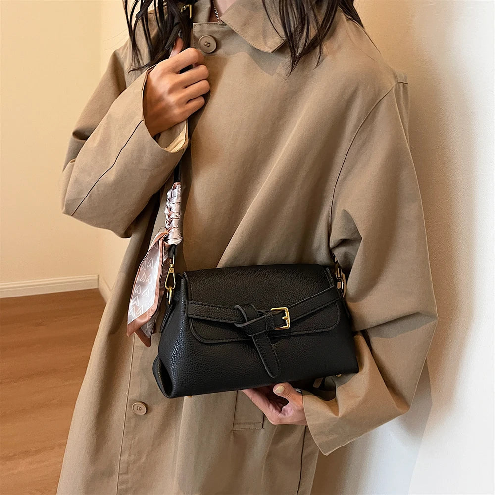 sac a main femme luxe sac de luxe femme haute qualité nouveautés sacs à main MOODS-Sac à bandoulière en cuir PU souple pour femme, motif litchi, ceinture rétro, sac à rabat avec écharpe décorative