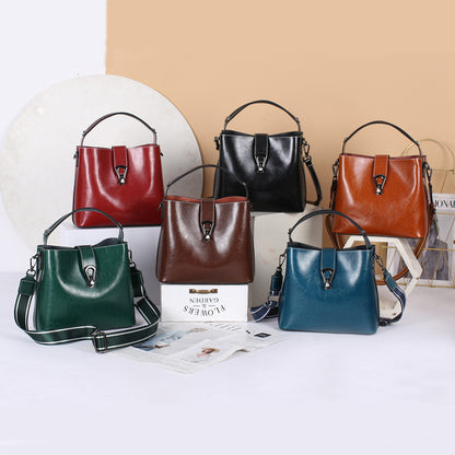 Sac seau en cuir véritable ciré d'huile pour femmes, sac à main décontracté et Simple, grande capacité, cuir de vache, fourre-tout à la mode