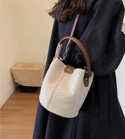 Sac seau à la mode pour femmes, sac à main élégant effet tissé de couleur unie, sac à bandoulière et sac à bandoulière, peut être porté à la main
