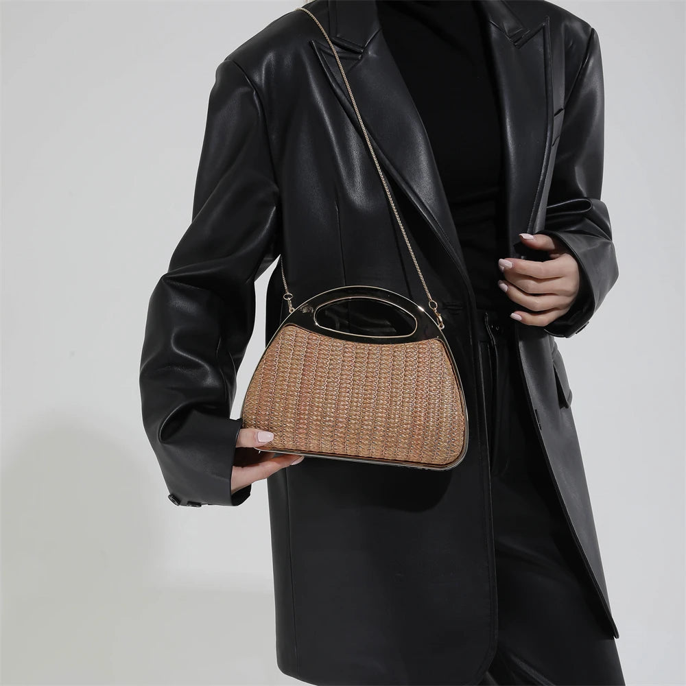 sac à main luxe pochette soirée femme MOODS – pochette de soirée en paille tricotée de couleur arc-en-ciel pour femmes, sacs à main de luxe de créateur avec chaîne dorée, pour mariage, dîner, fête