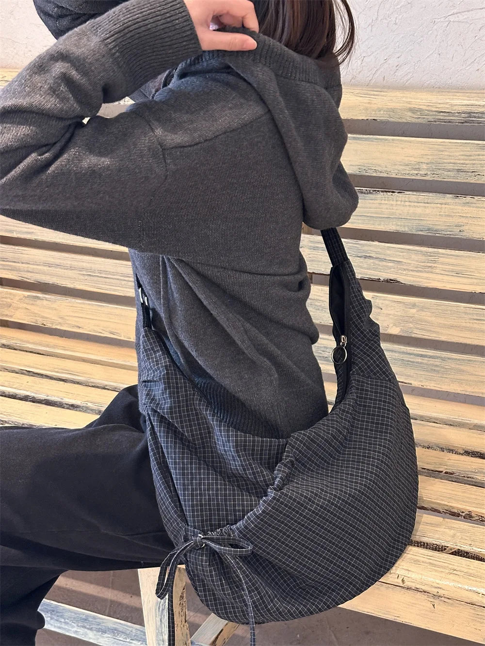 Sacs à bandoulière Hobos rétro à carreaux pour femmes, sac à boulettes en Nylon avec poche à cordon de serrage, sacoche de voyage Portable de grande capacité