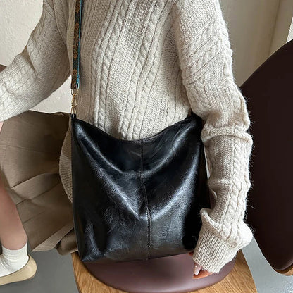 Sac à bandoulière en cuir PU pour femmes, Vintage, couleur unie, mode, grande capacité, Simple, réglable, large sangle, sacs seau