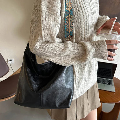 Sac à bandoulière en cuir PU pour femmes, Vintage, couleur unie, mode, grande capacité, Simple, réglable, large sangle, sacs seau