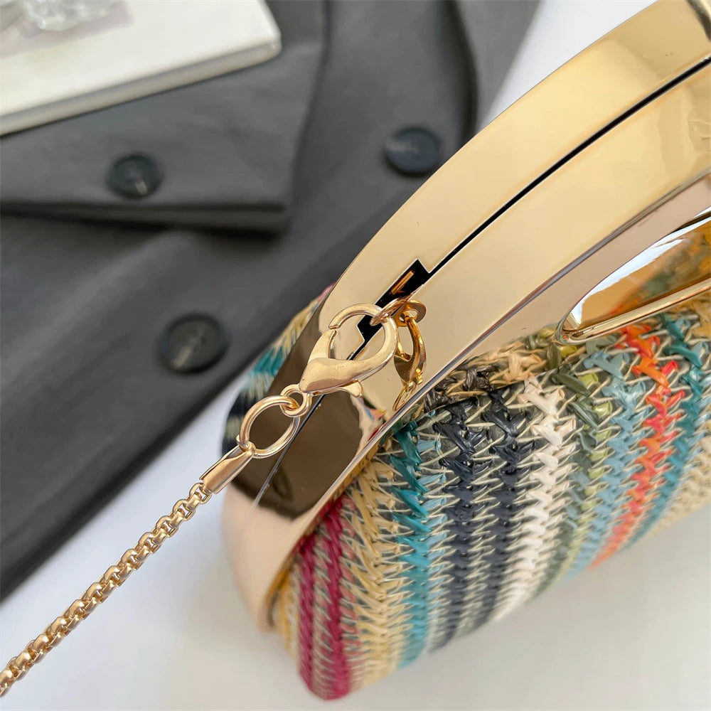sac à main luxe pochette soirée femme MOODS – pochette de soirée en paille tricotée de couleur arc-en-ciel pour femmes, sacs à main de luxe de créateur avec chaîne dorée, pour mariage, dîner, fête