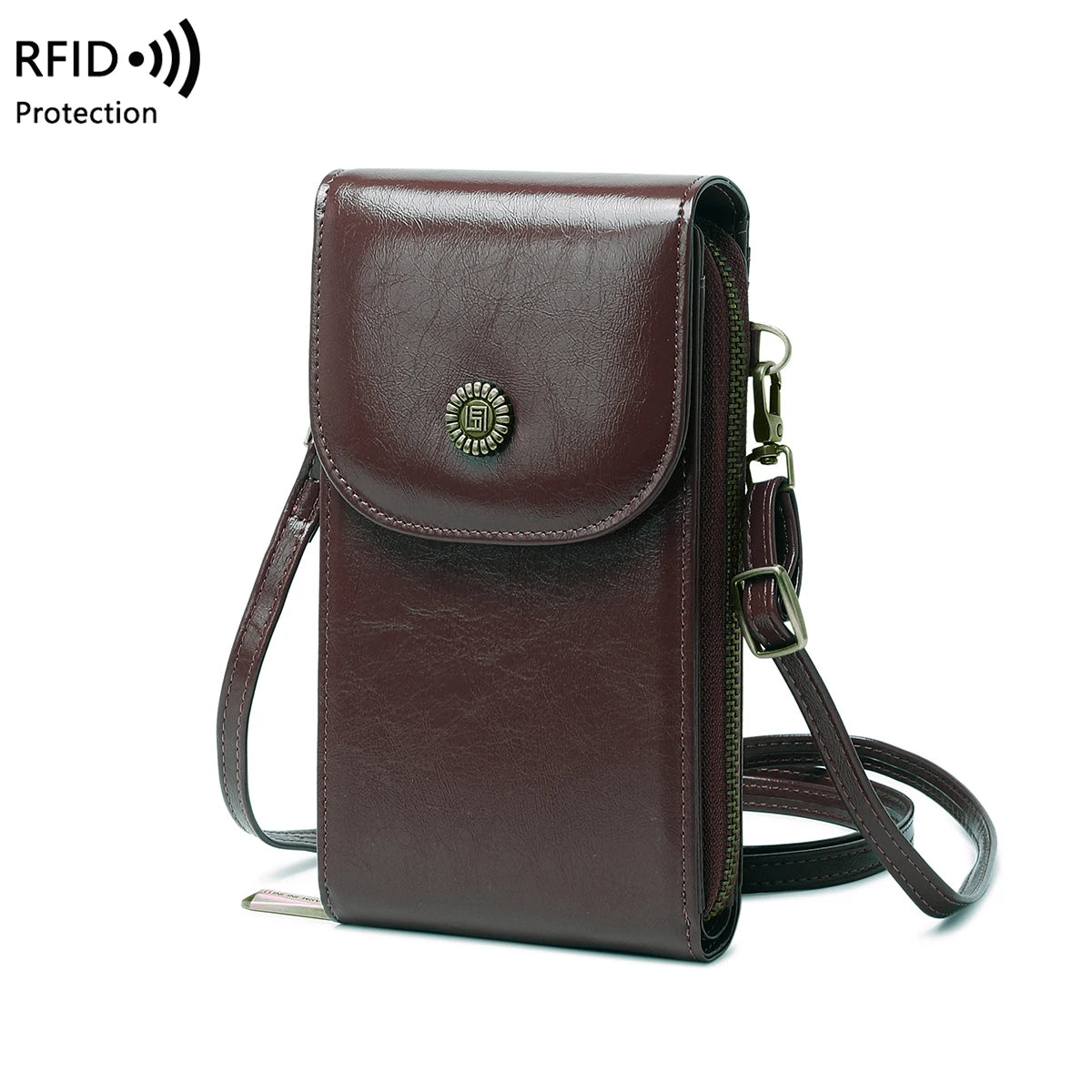 Sac rétro en cuir pour téléphone portable, anti-vol, RFID, brosse, sac à main à démarrage vertical, portefeuille à bandoulière tendance