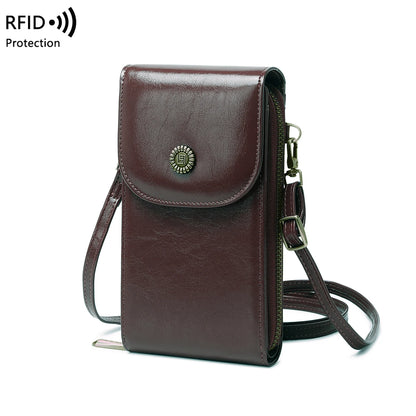 Sac rétro en cuir pour téléphone portable, anti-vol, RFID, brosse, sac à main à démarrage vertical, portefeuille à bandoulière tendance