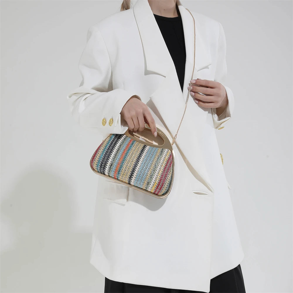sac à main luxe pochette soirée femme MOODS – pochette de soirée en paille tricotée de couleur arc-en-ciel pour femmes, sacs à main de luxe de créateur avec chaîne dorée, pour mariage, dîner, fête