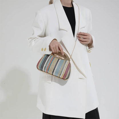 sac à main luxe pochette soirée femme MOODS – pochette de soirée en paille tricotée de couleur arc-en-ciel pour femmes, sacs à main de luxe de créateur avec chaîne dorée, pour mariage, dîner, fête