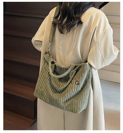 Sac à main en velours rayé grande capacité pour femme, sac à bandoulière, sacs à main, sacs bandoulière, sac fourre-tout polyvalent en velours côtelé avec lettres pour femme