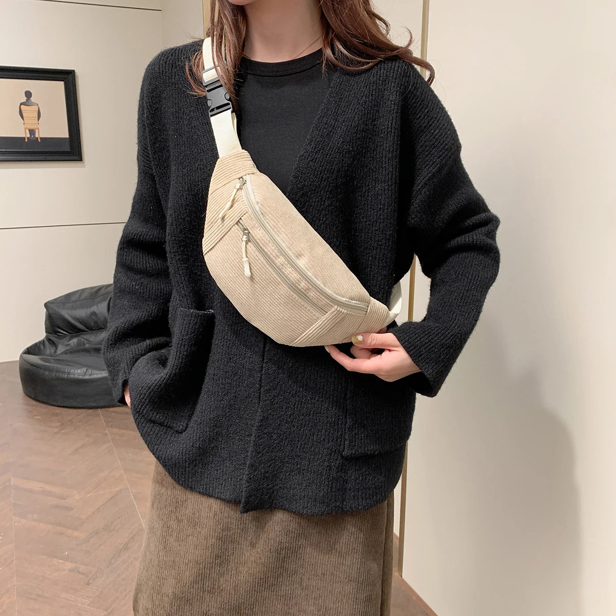 Sac banane velours beige