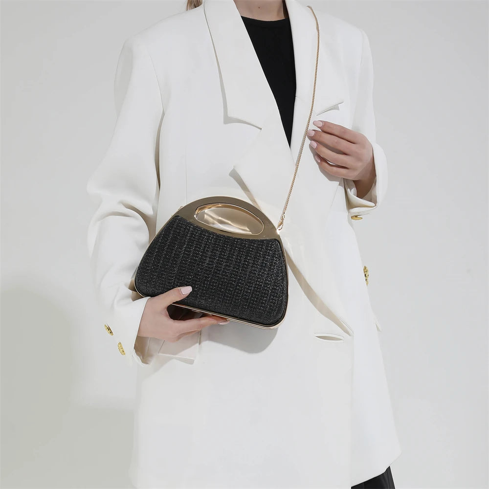 sac à main luxe pochette soirée femme MOODS – pochette de soirée en paille tricotée de couleur arc-en-ciel pour femmes, sacs à main de luxe de créateur avec chaîne dorée, pour mariage, dîner, fête